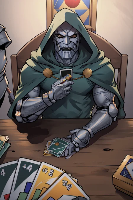 (masterpiece, best quality, absurdres, 4k, aesthetic, detailed, intricate, perfect lighting),<lora:unomeme_v1:0.7> unomeme,playing card game, across table,1boy, mask,hood,cape,cloak,gauntlet <lora:DoctorDoomLoRA:0.7>