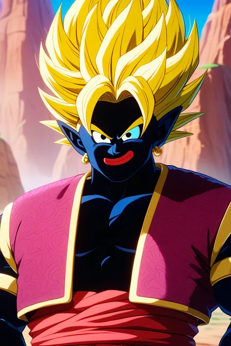score_9, score_8_up, score_7_up,score_6_up, score_5_up,score_4_up, mrpopo, 1boy, solo,black skin, black eyes,pointy ears,red lips,earrings,brown naked vest, upper body,blonde hair, spikey hair, super saiyan,looking at viewer,rock, mountain,desert, arms at sides,red sash,armlet, smirk <lora:Popony:1>