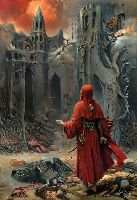 epiCRealism, Photo, A dark guardian of the Elden Ring lost chapel in a blood-red cloak, stands before a great ancient elden god, maintaining the integrity of the time loop, masterful Painting, itself<lora:xl_more_art-full_v1:0.3> <lora:sdxl_lora_beksinski-000018:0.5>