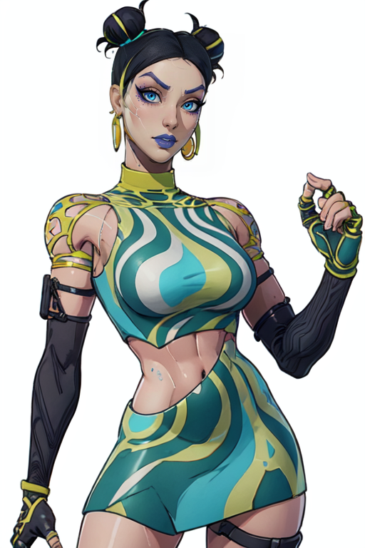 masterpiece,best quality,face detail,extreme detail,8k,white background,<lora:tsuki:0.7>,designertsuki,1girl,solo,breasts,looking at viewer,blue eyes,skirt,black hair,gloves,jewelry,earrings,elbow gloves,fingerless gloves,hair bun,crop top,double bun,makeup,eyeshadow,joints,open hand,android,cowboy_shot,upper_body,wide hips,green,standing pose,