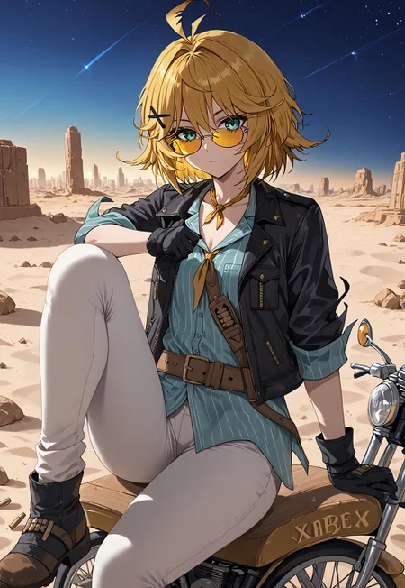 safe_pos, 1girl, solo, solo focus, highres, absurdres, DokiBH, blonde hair, blue shirt, short hair, ahoge, x hair ornament, black jacket, black gloves, bangs, green eyes, hairclip, brown belt, pants, hair between eyes, vertical-striped shirt, white pants, open jacket, collarbone, yellow neckerchief, antenna hair, bullet, holster, sleeves rolled up, sunglasses, tinted eyewear,
looking at viewer, sitting, motorcycle, knee up, leg up,
desert, sand, city, shade, night, night sky, dark, backlighting,