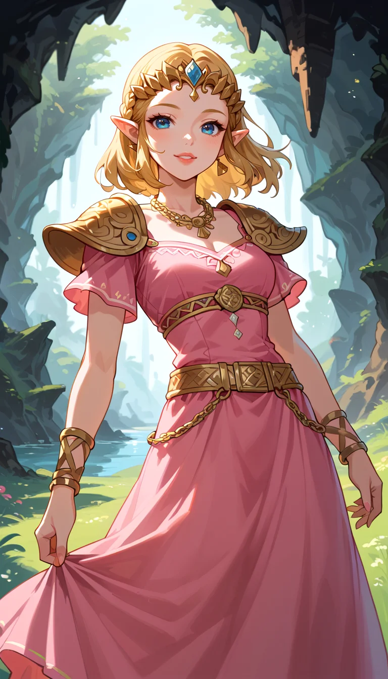 score_9, score_8_up, score_7_up, Anime Style, Cowboy Shot, Zelda, cute, seductive, innocent, light smile:0.3, plump lips, slender body, ankle-length pink dress, jeweled tiara, golden shoulder pads, a gold chain as a necklace, golden belt, fantasy, epic, cave background, depth of field, dynamic angle, fashion photography, sharp, hyperdetailed:1.15
