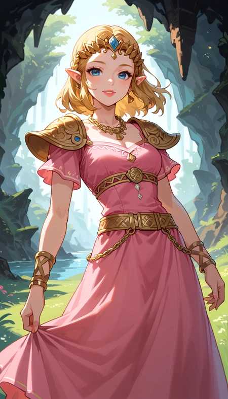 score_9, score_8_up, score_7_up, Anime Style, Cowboy Shot, Zelda, cute, seductive, innocent, light smile:0.3, plump lips, slender body, ankle-length pink dress, jeweled tiara, golden shoulder pads, a gold chain as a necklace, golden belt, fantasy, epic, cave background, depth of field, dynamic angle, fashion photography, sharp, hyperdetailed:1.15