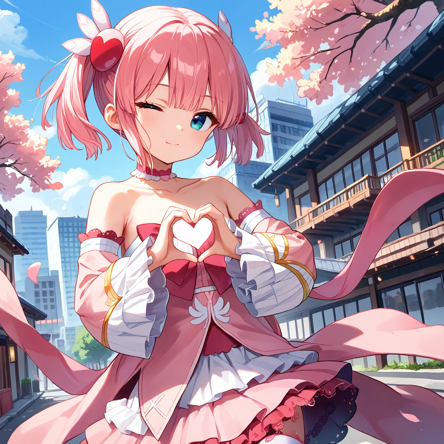 score_9, score_8_up, score_7_up, score_6_up, score_5_up, score_4_up, BREAK source_anime, look at viewer, rating_safe, 1girl, solo, city, cherry blossom, close up, heart hands, one eye closed, masterpiece, best quality, high detailed skin, chiyoda momo, blue eyes, pink hair, short hair, momo magic, magical girl, short twintails, wing hair ornament pink bowtie, pink choker, bare shoulders, detached sleeves, pink skirt, layered skirt, frilled sleeves, frilled skirt, lace-trimmed choker, frilled thighhighs, thighhighs,
