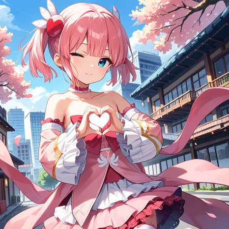 score_9, score_8_up, score_7_up, score_6_up, score_5_up, score_4_up, BREAK source_anime, look at viewer, rating_safe, 1girl, solo, city, cherry blossom, close up, heart hands, one eye closed, masterpiece, best quality, high detailed skin, chiyoda momo, blue eyes, pink hair, short hair, momo magic, magical girl, short twintails, wing hair ornament pink bowtie, pink choker, bare shoulders, detached sleeves, pink skirt, layered skirt, frilled sleeves, frilled skirt, lace-trimmed choker, frilled thighhighs, thighhighs,