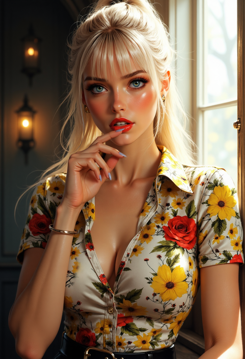 Photorealistic portrait of a stunning young woman with fair skin and platinum blonde hair styled in a sleek high ponytail with bangs. She has piercing blue eyes and bold red lipstick, creating a striking contrast. She is wearing a short-sleeved white blouse with a vibrant floral pattern . she has a finger on her lip in a seductive look
The background is softly blurred with a warm bokeh effect, illuminated by natural light streaming through large windows. The lighting is soft and golden, highlighting her radiant features.. The composition focuses on her elegance and charm, blending vintage-inspired warmth with vibrant colors, creating a visually captivating, high-fashion image
low-key lighting, atmospheric haze, underexposed, cinematic darkness, deep shadows . f, <lora:artisketchyfs-v02:0.5> <lora:FluxMythV2:0.7> . shallow depth of field, vignette, highly detailed, high budget, bokeh, cinemascope, moody, epic, gorgeous, film grain, grainy . dark, mysterious, haunting, dramatic, ornate, detailed . digital artwork, illustrative, painterly, matte painting, highly detailed   <lora:anime_martzv2:0.7> anime_martz