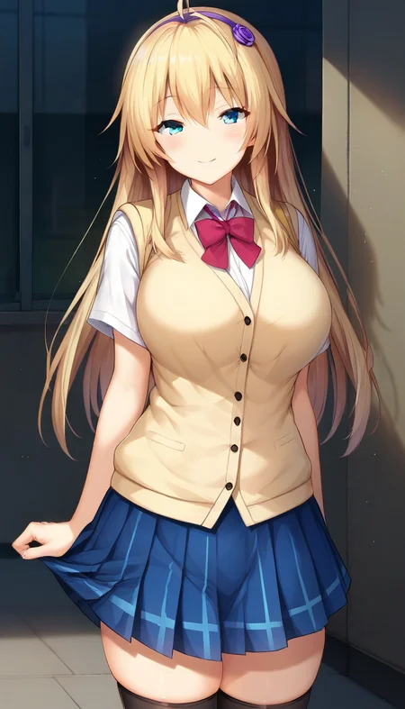 score_9,score_8_up,score_7_up,score_6_up BREAK official art,solo,outdoors,cowboy shot,looking at viewer,facing viewer,smile,blush,Kyouno Hana,ahoge,long hair,blonde hair,purple hairband,hair ornament,sidelocks,hair between eyes,bangs,blue eyes,school uniform,yellow vest,cardigan vest,sweater vest,red bowtie,white shirt,collared shirt,large breasts,skindentation,short sleeves,miniskirt,blue skirt,pleated skirt,plaid skirt,zettai ryouiki,black thighhighs,loafers,black footwear,<lora:Kyouno Hana(tkis)-Pony:1.4>,