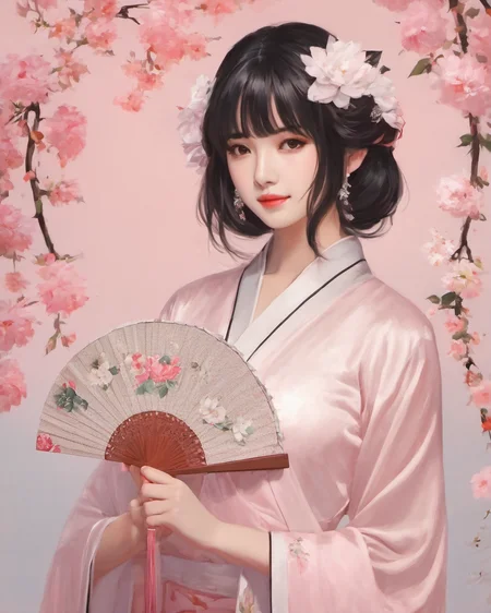 gufengnvhai,<lora:gufengnvhaisdxllora1-000001:1>masterpiece,1girl, solo, dress, flower, pink background, black hair, holding, white dress, hair ornament, bangs, hair flower, brown hair, hand fan