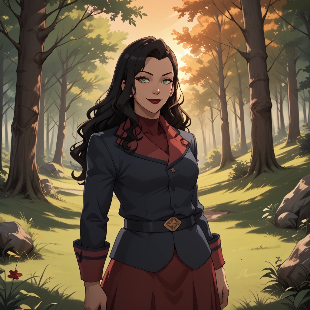 score_9, score_8, BREAK, AsamiSato, long hair, black hair, green eyes, red lips, jacket, skirt, high boots, sexy pose, self portrait, smile, outdoors, sunlight, shadows, evening lighting, natural lighting, forest, trees, grass, orange sky, sunset