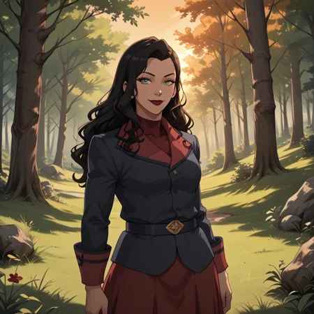 score_9, score_8, BREAK, AsamiSato, long hair, black hair, green eyes, red lips, jacket, skirt, high boots, sexy pose, self portrait, smile, outdoors, sunlight, shadows, evening lighting, natural lighting, forest, trees, grass, orange sky, sunset