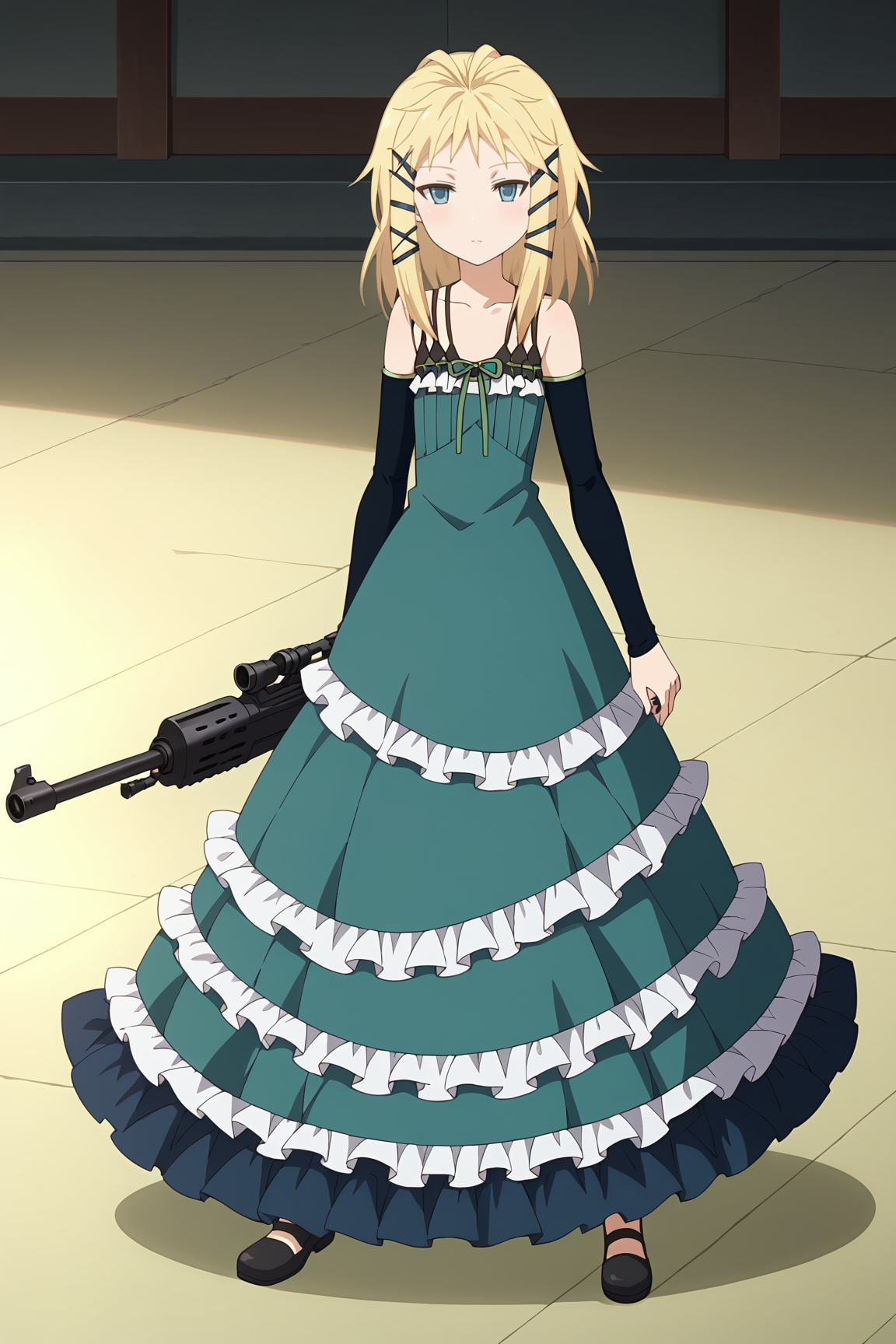 score_9, score_8_up, score_7_up, source anime, prefect lighting, very aesthetic, BREAK, anime screencap, anime coloring,
<lora:tina_sprout_v1-pony6:0.9>, 1girl, tina sprout, black bullet, blonde hair, blue eyes, hair ornament, flat chest, tinadress, dress, ribbon, bare shoulders, detached sleeves,
BREAK, looking at viewer, full body, anti-materiel rifle, 
BREAK,