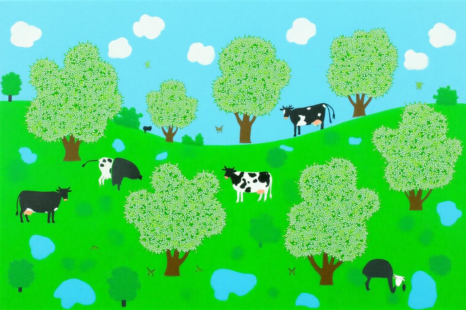 dorislee1 painting.
A pastoral scene featuring a meadow with a bright blue sky and a few fluffy white clouds. The foreground and midground are covered in lush green grass with scattered trees, each filled with white blossoms, indicating spring or early summer.
There are five cows scattered through the meadow.
 <lora:dorislee1_cap_d6a3:1.0><lora:834816023422202442:0>