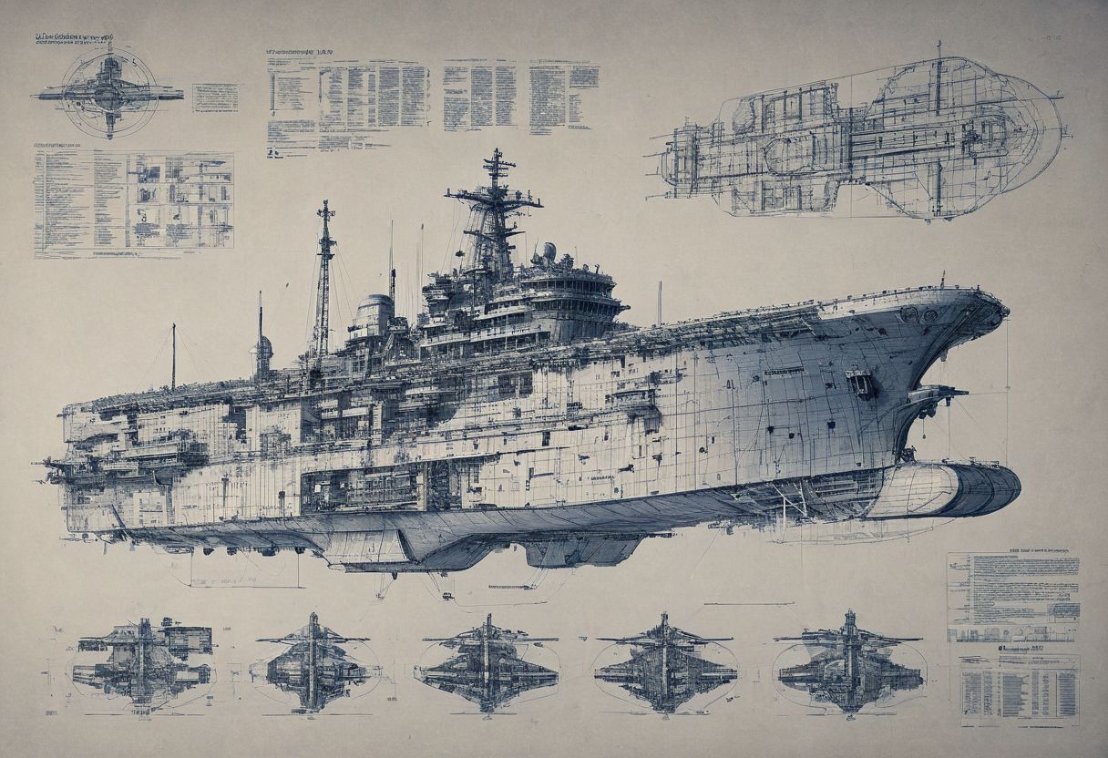 construction plan with blue thin lines for a huge dreadnought ship with 6 floors sketch style high def,ship  cut in half  with instructions and descrption of each parts