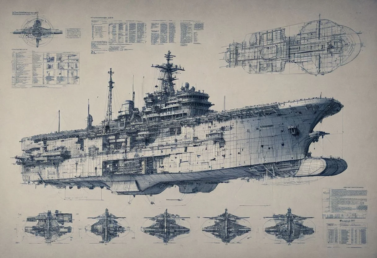 construction plan with blue thin lines for a huge dreadnought ship with 6 floors sketch style high def,ship cut in half with instructions and descrption of each parts
