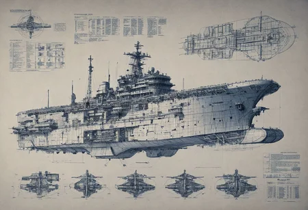 construction plan with blue thin lines for a huge dreadnought ship with 6 floors sketch style high def,ship cut in half with instructions and descrption of each parts