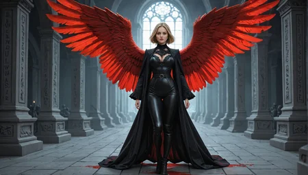 Stjarna_Dogg, (blurred background), 8k, best quality, depth of field, dynamic lighting, high detail, masterpiece, photorealistic, realistic, ultra-HD, very aesthetic, (fashion photoshoot:1.1), 1girl, Dynamic pose, Blood angel emerging from a crypt, tattered wings, crimson aura, blood-soaked robes, ancient crypt with gothic architecture, dim moonlight filtering through cracks, foggy atmosphere, eerie shadows, scattered bones, arcane runes glowing faintly, carved stone sarcophagi, ancient, ivy-covered statues, ethereal wisps of fog swirling around, oppressive silence, foreboding presence, (style of Gerald Brom), dark, haunting, atmospheric, ethereal, detailed, high contrast, cinematic lighting, intricate details on crypt walls, emphasis on blood and decay, ((gothic horror)), (clothed, masterpiece, wide angle, cinematic establishing shot, adult european adult woman, highly detailed background:1.1), volumetric lighting, subsurface scattering, dynamic pose, (special effects, color grading, fantasy aura), dynamic composition, interesting pose, intricately detailed leather pants, bodysuit, exquisitely beautiful face, (24 years old feminine, intricately detailed jewelry, ornate outfit, feathered dragon wings red subsurface scattering, adult European adult woman:1.11), lightly freckled (Oval-shaped face, thin brows, small upturned-nose, thin-lips:1.11), (chin-length short hair, center part:1.15), stigmata, (Layered Depth, Parallax Effect, Soft focus foreground), stop-motion animation, intricate details, seamless integration, (Dynamation technique, Ray Harryhausen special effects:1.03), live-action interaction, realistic creatures, (contrapposto)