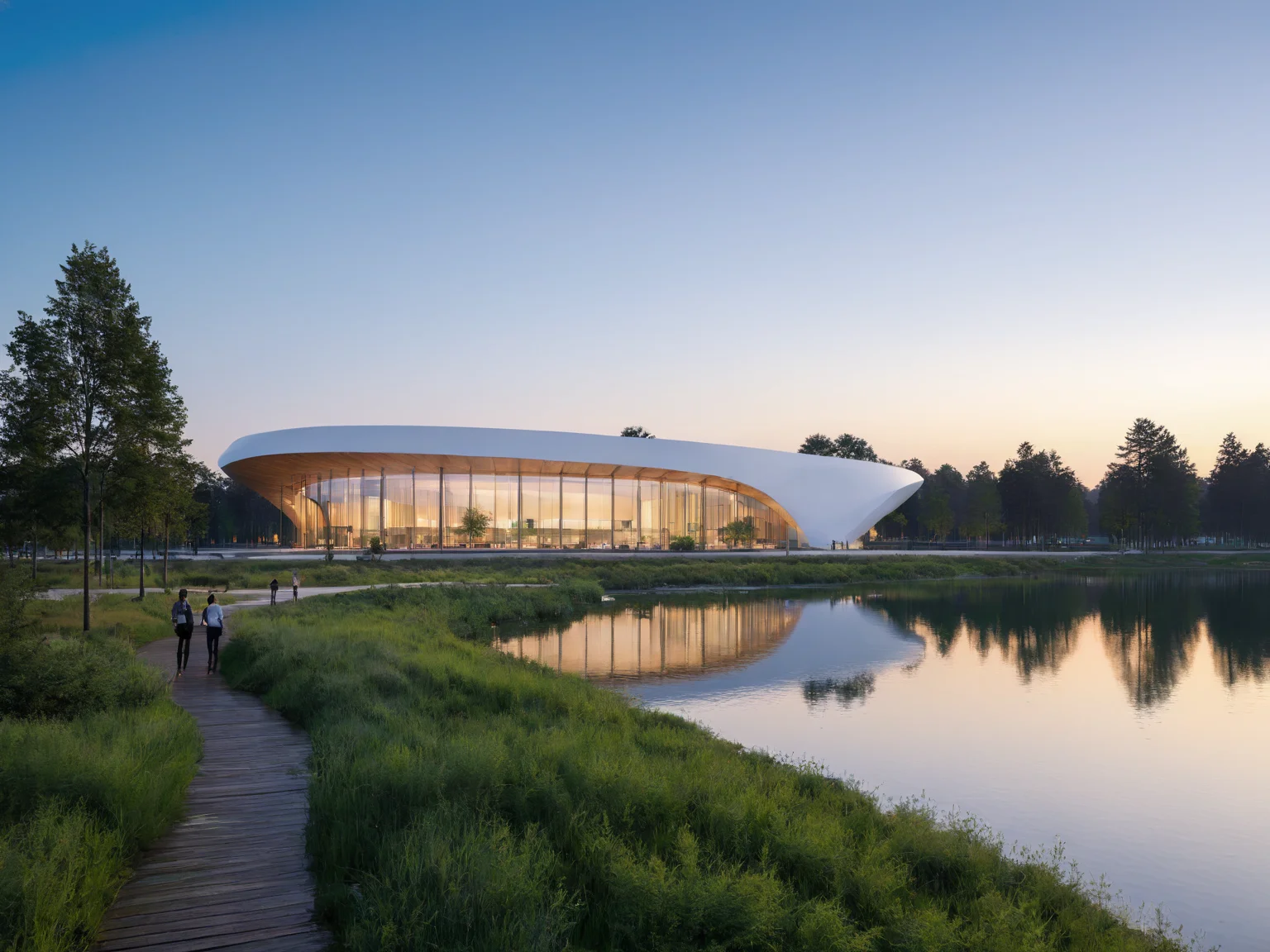 The picture shows a modern architectural structure located near a water body. The building adopts a smooth curved design that combines white and wooden materials. It overlooks a peaceful lake surrounded by lush green plants and tall trees. The sky is clear and the color gradient suggests dawn or dusk. In the foreground, there is a small path where you can see several people walking<lora:binshui-000025:0.6>