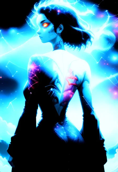 Score_9, score_8_up, score_7_up, best quality, high res, 8k, Dark lighting, low lighting, night, dark background, nebula, 1girl,faceless,back view, intricate tattoo, constellation, glowing tattoo, open back robe, cosmic entity, looking back at viewer, burning eyes