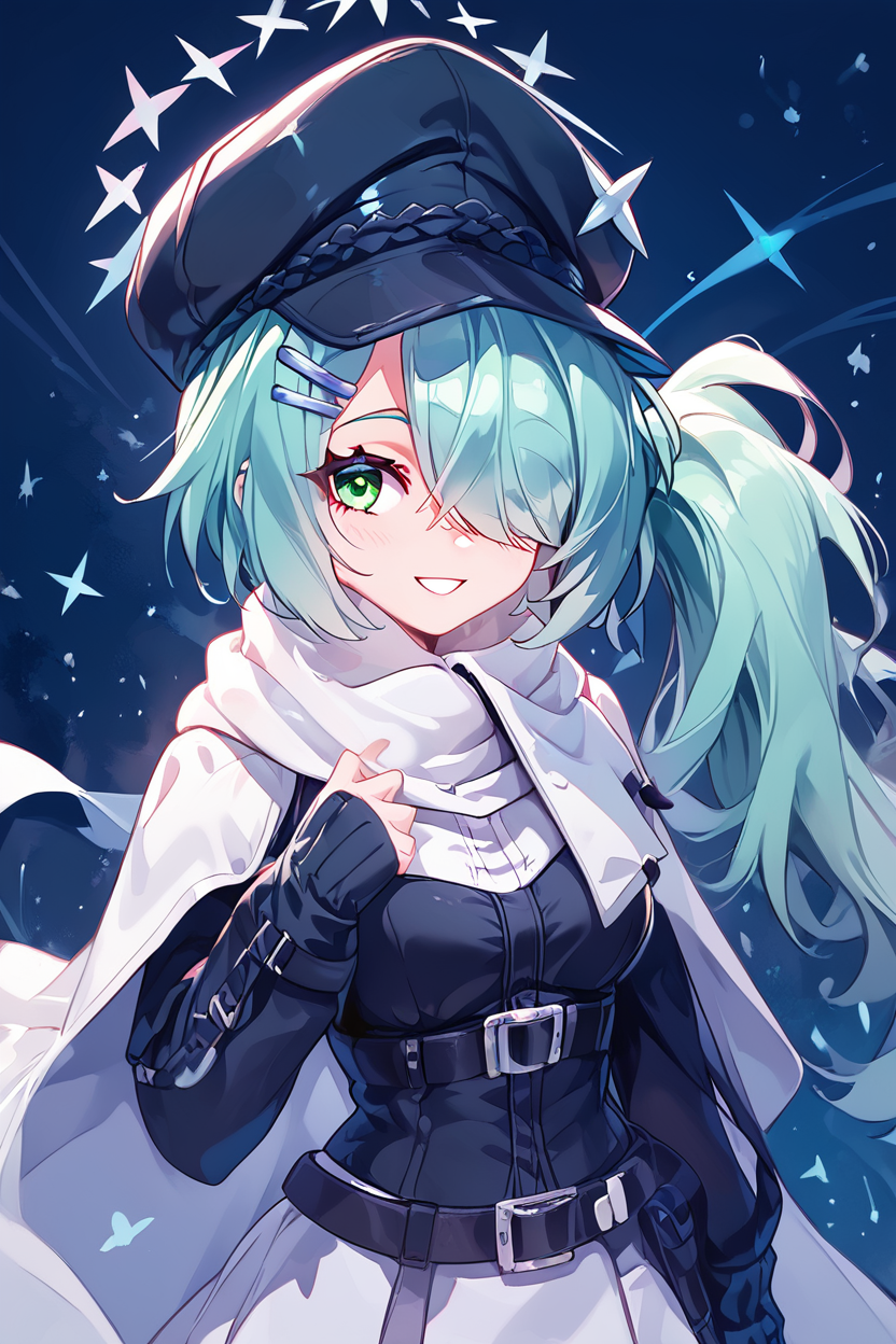 score_9, score_8_up, score_8, medium breasts, (curvy), cute, eyelashes,       BREAK, , ,,,  zzHiyori, long hair, hair over one eye, side ponytail, hairclip, hair ornament, aqua hair, green eyes, black headwear, hat, cabbie hat, long sleeves, white skirt, belt, white scarf, <lora:Hiyori_BlueArchive_PDXL_v2:0.8>,   ,,,, BREAK, ,,, upper body, smile, looking at viewer, ,,, shiny skin, <lora:ProAnime_PDXL_v1:0.8>, night, soft shadows, moonlight reflecting off skin, whisper of wind, ,,, embedding:zPDXL, Expressiveh, <lora:SDXLFaeTastic2400:0.5>, <lora:Expressive_H-000001:0.4>,