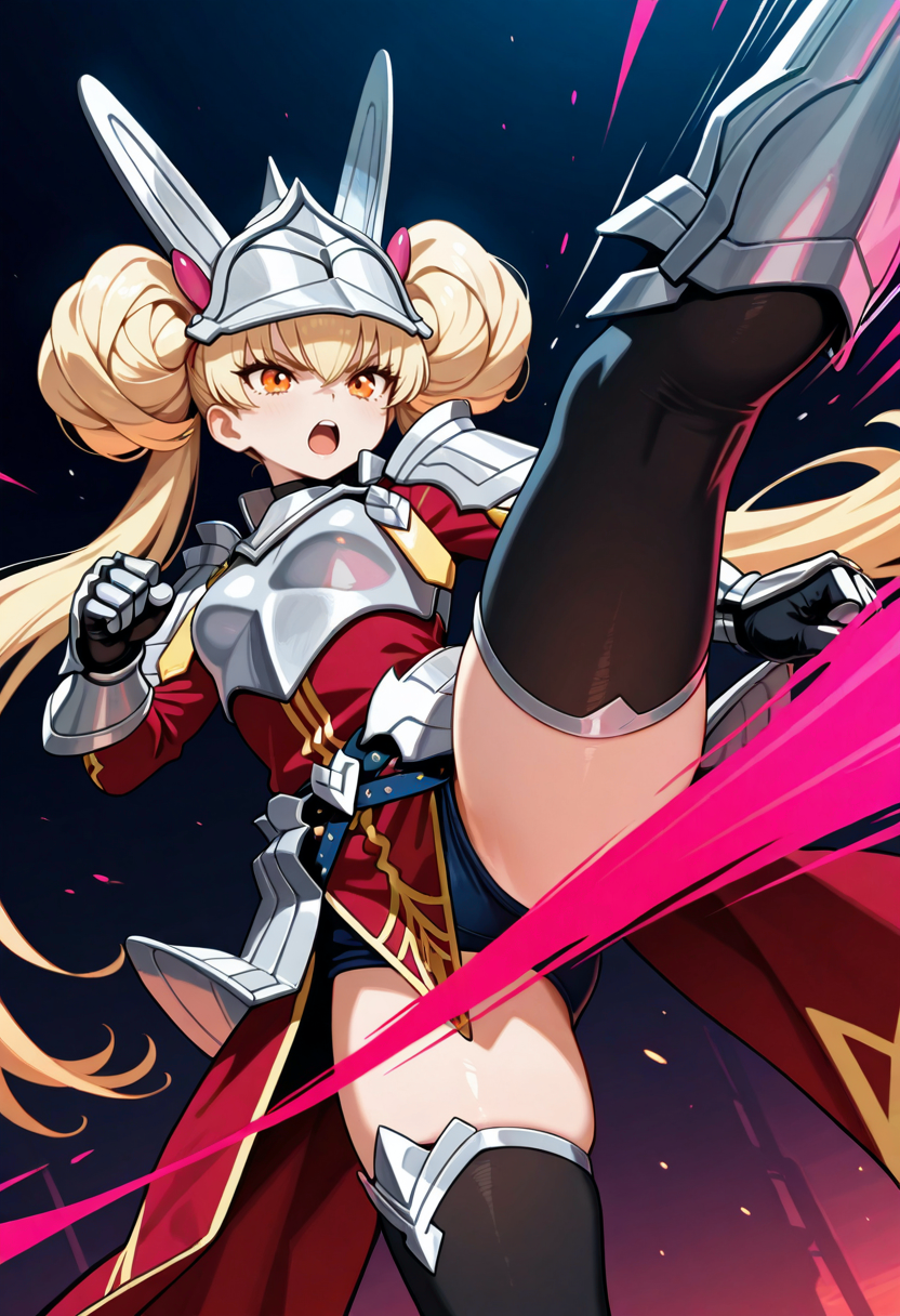 masterpiece,best quality,amazing quality,very aesthetic,absurdres,newest,  <lora:Centurion_Primera:0.8>, 1girl, orange eyes, blonde hair, double bun, twintails, helmet, armored dress, breastplate, shoulder pads, gauntlets, greaves, black thighhighs, armored boots, open mouth, serious,kicking, high kick, from below, dynamic angle, foreshortening, perspective, distortion, angulation, depth, scaling, blaze, dark background,
