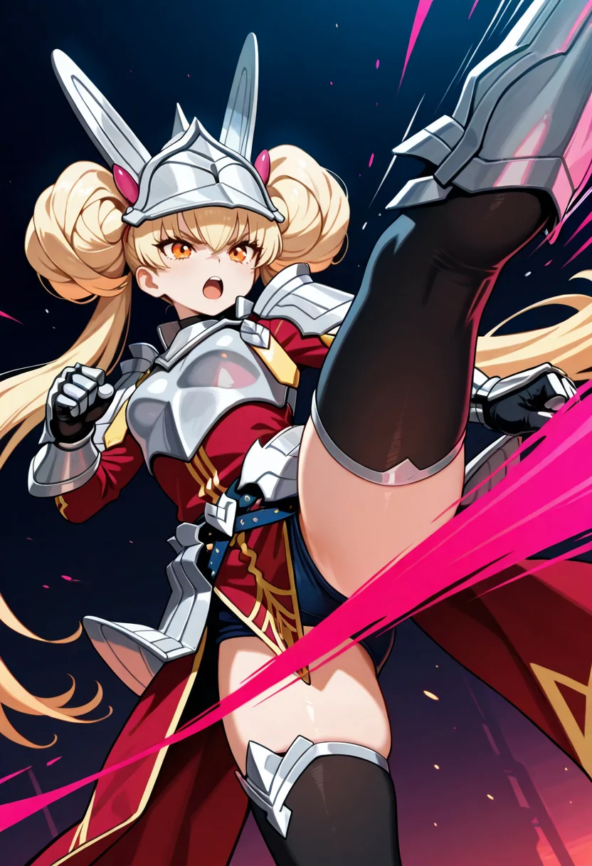 masterpiece,best quality,amazing quality,very aesthetic,absurdres,newest,  <lora:Centurion_Primera:0.8>, 1girl, orange eyes, blonde hair, double bun, twintails, helmet, armored dress, breastplate, shoulder pads, gauntlets, greaves, black thighhighs, armored boots, open mouth, serious,kicking, high kick, from below, dynamic angle, foreshortening, perspective, distortion, angulation, depth, scaling, blaze, dark background,