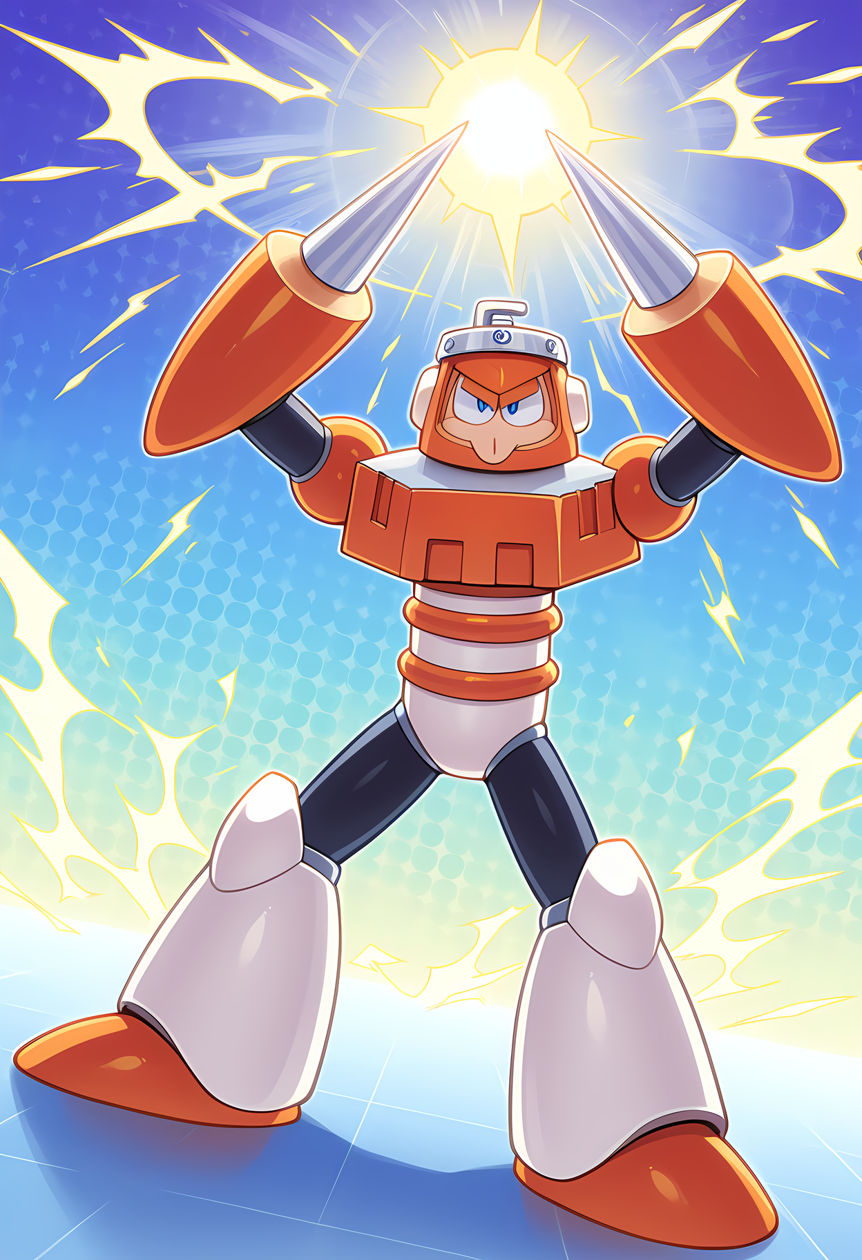 masterpiece, best quality, amazing quality, dutch angle, abstract background, BREAK
1boy, solo, male focus, mm3_spark, helmet, blue eyes, robot, armor, spike arms, BREAK
<lora:cfg_scale_boost:.6>   <lora:Spark_Man_-_Mega_Man_3_-_ILXL:1>