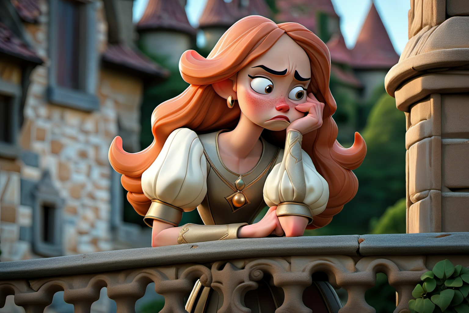 Princess, Medieval, Castle Balcony, Waiting, Sad, Royalty, Kingdom, Noble, Crown, Gown, Regal, Elegance, Despondent, Emotion, Melancholy, Lonely, Tragic, Wistful, Longing, Solitude, Damsel in Distress, Fortressed, Historic, Architecture, Renaissance, Turret, Sunset, Dusk, Dignified, Sovereign, Enchanting, Lamenting, Royalty, Court, Courtly, Pensive, Majestic, Noblewoman, Stone Walls, Moat, Tower, Tapestry, Troubled, Heartache.
  <lora:SamaritanEsdxl:1>