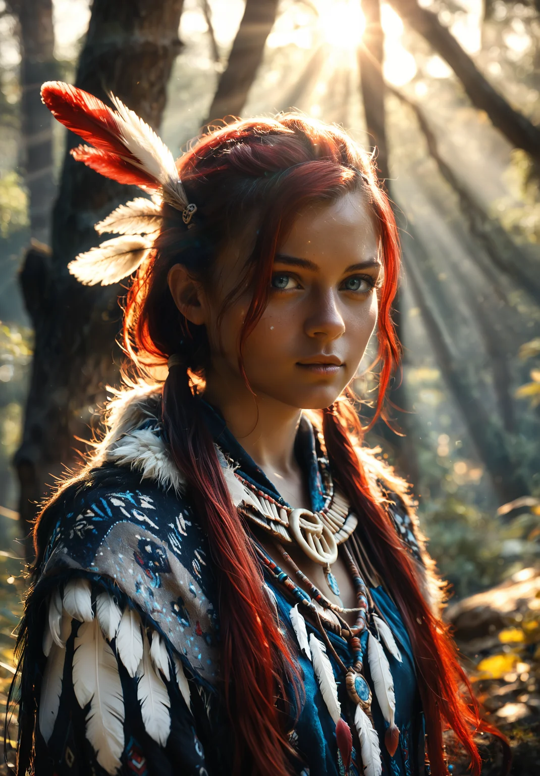 score_10, score_9, score_8, photorealistic, sharp focus, sharp image, photograph, ultra realistic, ultra high details, ultra high detailed face, ultra high detailed hair, ultra high detailed face, ultra high detailed eyes, ultra detailed hands. 1girl, 18yo, small breasts, long hair, red hair, low ponytail, blue eyes, (((wearing Jedshn))), shaman fur capelet, (((feather details))), bone ornaments, spiritual tribal clothing, forest setting, next to a horse, blurry background, dynamic lighting, front view,  <lora:ShamanCapeletIL-000002:1> <lora:extremely_detailed:1> <lora:Dramatic_Lighting_Slider:3>