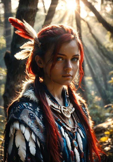 score_10, score_9, score_8, photorealistic, sharp focus, sharp image, photograph, ultra realistic, ultra high details, ultra high detailed face, ultra high detailed hair, ultra high detailed face, ultra high detailed eyes, ultra detailed hands. 1girl, 18yo, small breasts, long hair, red hair, low ponytail, blue eyes, (((wearing Jedshn))), shaman fur capelet, (((feather details))), bone ornaments, spiritual tribal clothing, forest setting, next to a horse, blurry background, dynamic lighting, front view, <lora:ShamanCapeletIL-000002:1> <lora:extremely_detailed:1> <lora:Dramatic_Lighting_Slider:3>
