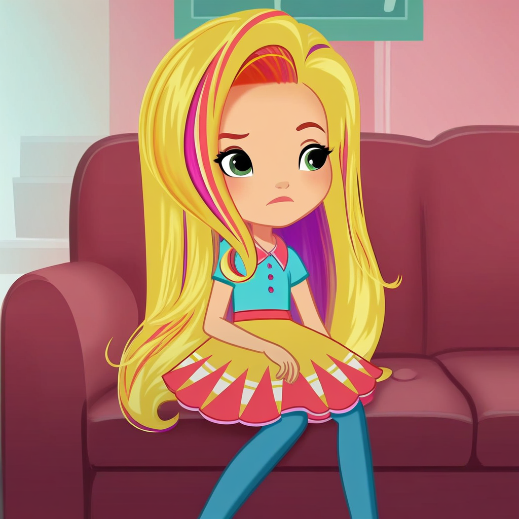 score_9, solo, su_sd, 1girl, long hair, blonde hair, multicolored hair, streaked hair, green eyes, shirt, skirt, pantyhose, sitting, sofa