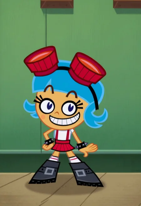 score_9, 1girl, solo, frida suarez, blue hair, goggles on head, white shirt, suspenders, red skirt, spiked bracelet, white socks, boots, grin, looking at viewer,
