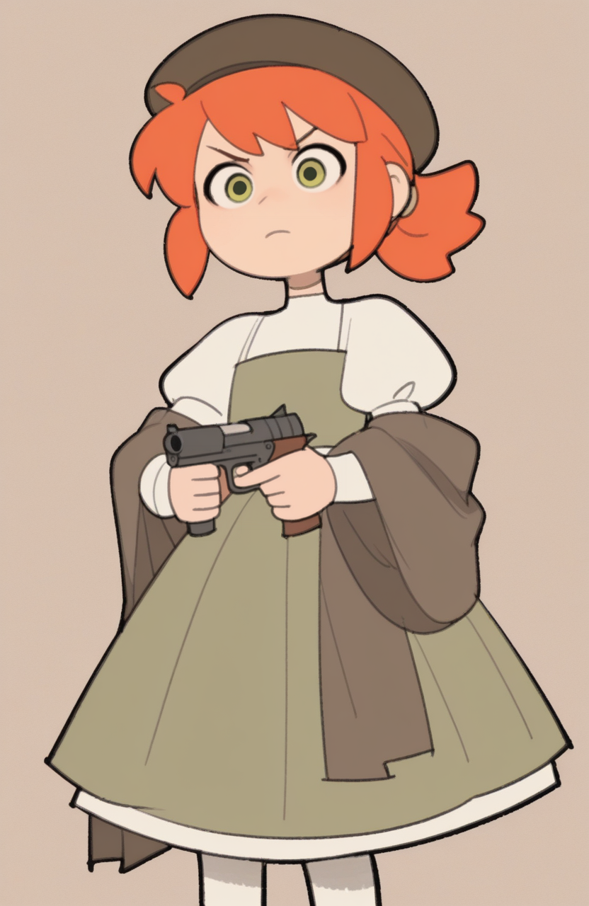 1girl, solo, <lora:TemmieChang_v5:0.9> tmchng,
<lora:Gwen2016:0.5> gwen2016, orange hair, green eyes, mori girl outfit, vintage dress, puffy sleeves, white pantyhose, shawl, beret, holding gun, cowboy shot, serious expression, extremely detailed, highres, masterpiece, best quality