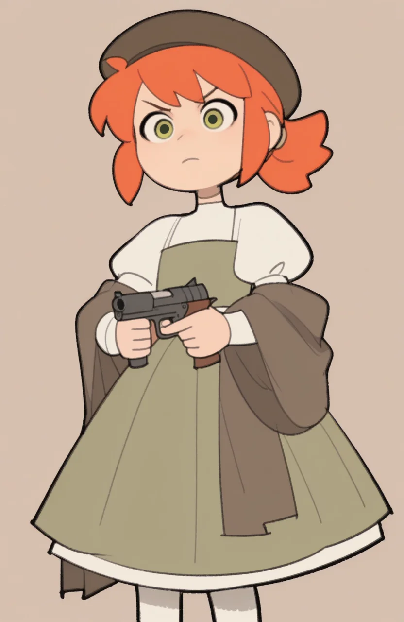 1girl, solo, <lora:TemmieChang_v5:0.9> tmchng,
<lora:Gwen2016:0.5> gwen2016, orange hair, green eyes, mori girl outfit, vintage dress, puffy sleeves, white pantyhose, shawl, beret, holding gun, cowboy shot, serious expression, extremely detailed, highres, masterpiece, best quality