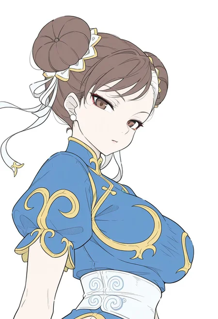 {{masterpiece,best quality,amazing quality,absurdres}}, {{flat shading, cel shading}}
BREAK
1girl, solo, upper body, simple background, portrait, looking at viewer, chun li, brown hair, white hair buns, breasts, blue dress, poofy sleeves, short sleeves