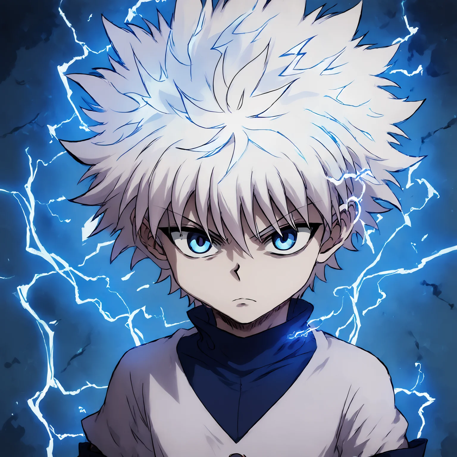 score_9, score_8_up, score_7_up, masterpiece, extremely detailed, looking at viewer, killua zoldyck, evil, menacing stare, male focus, layered sleeves, white hair, 1boy, solo, blue eyes, electricity, glowing, spiked hair <lora:Blacksouls-PonyXL-1024px-v1.1:1> <lora:Killua_Zolyck:1>