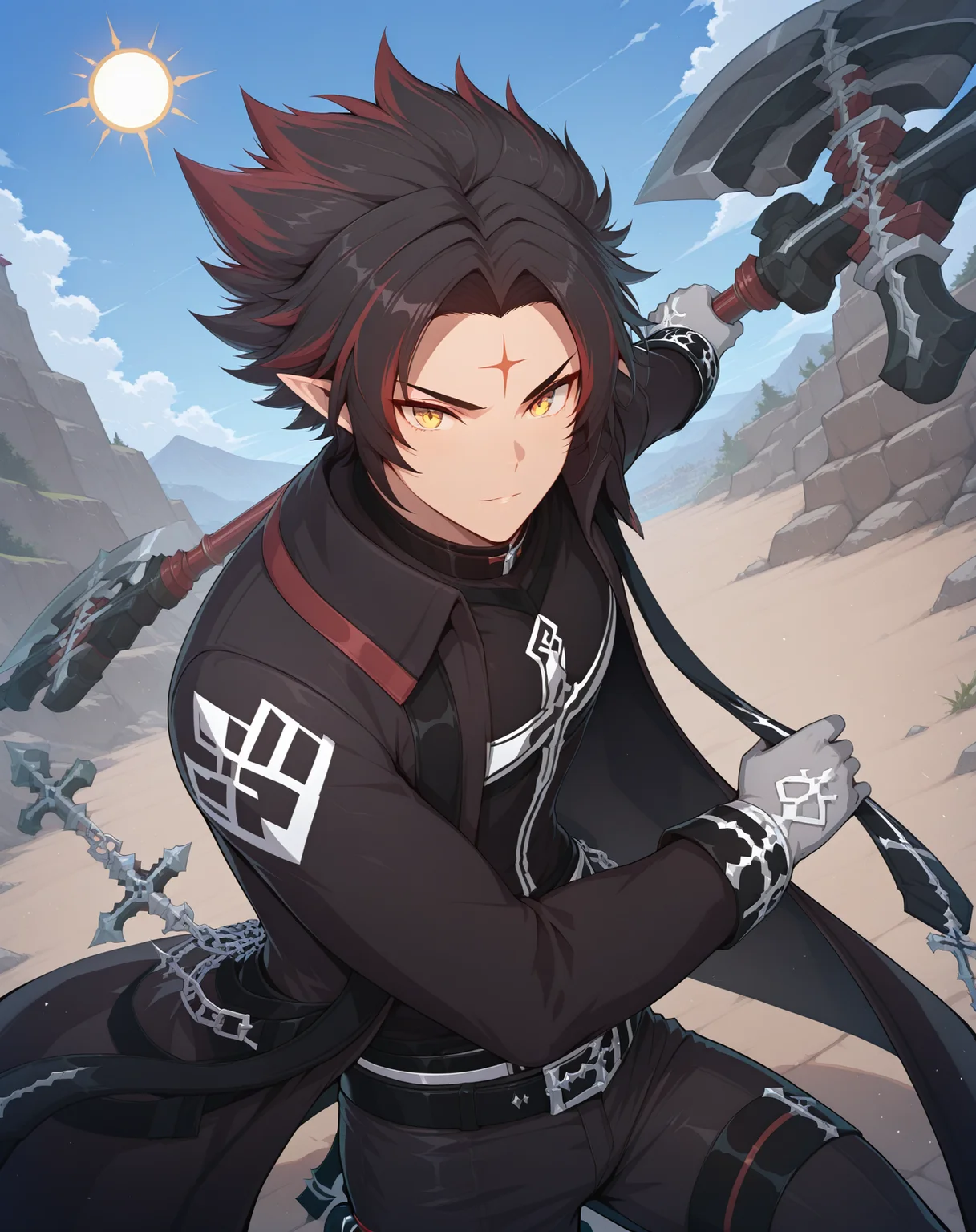 masterpiece, best quality, absurdres, very aesthetic,
1boy, solo, yaoi, male focus,
cowboy shot, upper body, looking at viewer,
<lora:Ryan_Werewolf:1>  ryanwerewolf, black hair, multicolored hair, pointy ears, facial mark, red hair, two-tone hair, streaked hair, forehead mark, yellow eyes,
white gloves, black pants, holding weapon, black coat, belt, black footwear, shoes, shirt, chain, long sleeves, grey gloves, cross,
holding axe, holding weapon, axe, 
outdoors, day, blue sky, sun,