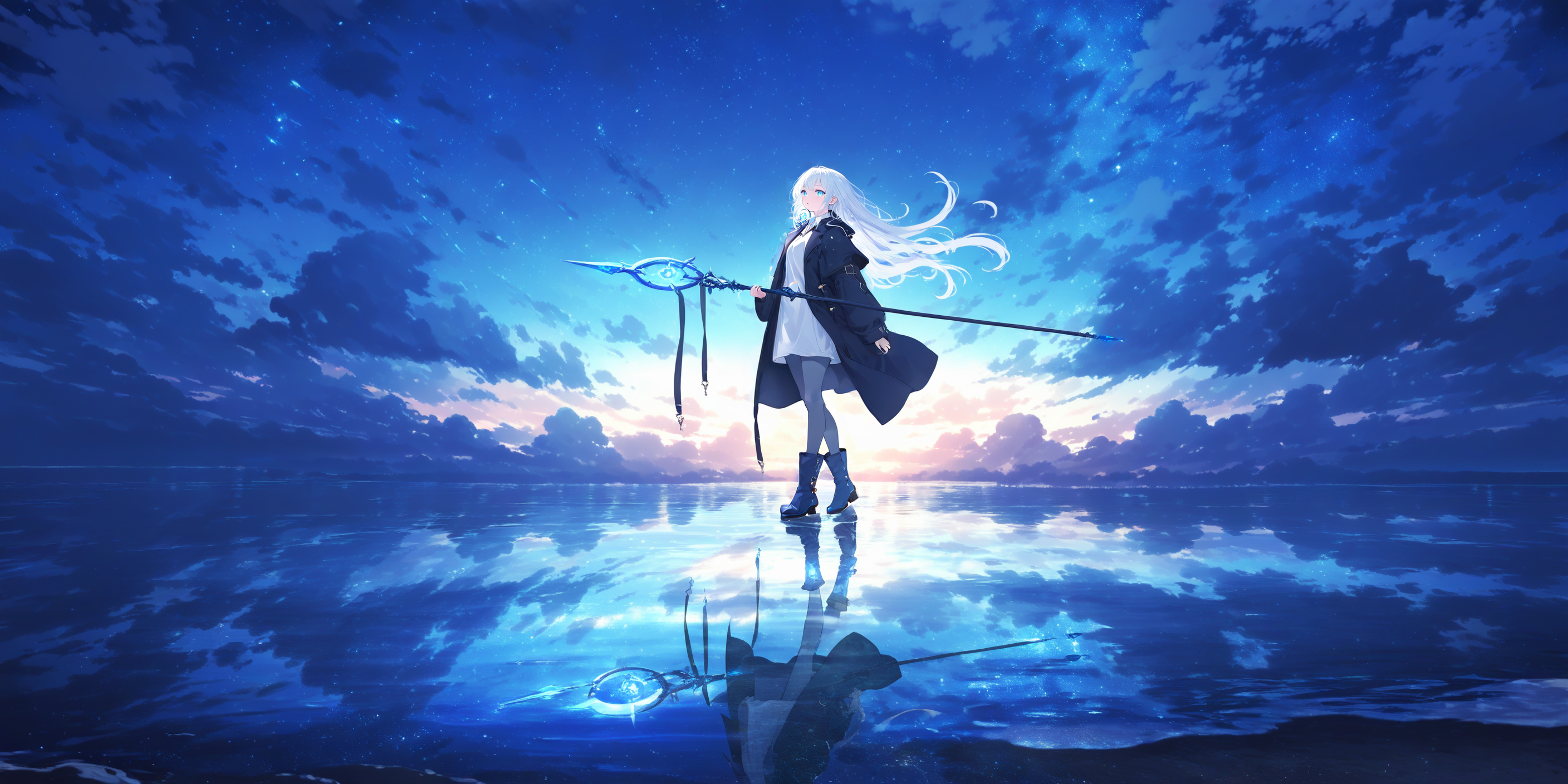 1girl, 
scenery, star \(sky\), sky, starry sky, blue theme, night, solo, night sky, staff, fantasy, outdoors, holding staff, coat, wading, holding weapon, reflective water, walking on liquid, standing, white shirt, long hair, shirt, cloud, very long hair, white hair, blue eyes, long sleeves, open coat, open clothes, dress, reflection, grey pantyhose, looking at viewer, boots, cloudy sky, parted lips, floating hair, glowing, weapon, pantyhose, collared shirt, holding, water, black coat, wide shot, full body, short dress, blue footwear, white dreil
 <lora:lifelineXL_NB11_lokr_V6311P:0.95>