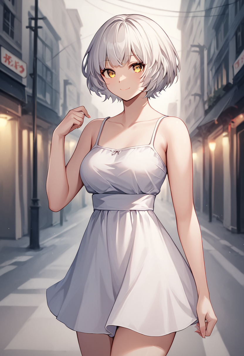 momoshiro_chiyoko, short hair, white hair, yellow eyes, breasts, sundress BREAK outdoors, city street, BREAK cowboy shot, looking at viewer, closed mouth, sexy smile,flirty, dynamic pose BREAK score_9, score_8_up, score_7_up, source_anime ,zPDXL,   <lora:Momoshiro_Chiyoko:0.8>,