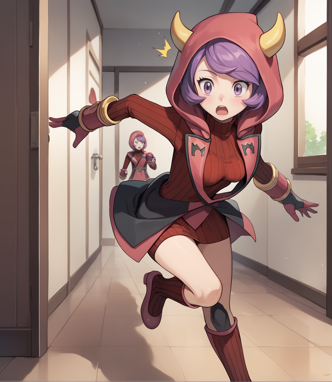 score_9,score_8_up,score_7_up,score_6_up,source anime BREAK,
1girl, courtney (pokemon), purple hair, swept bangs, eyelashes, purple eyes, short hair, medium breasts,
hood, hood up, horned headwear, team magma uniform, ribbed sweater, fake horns, turtleneck dress, hoodie, gloves
surprised, running, full body, indoors,
 <lora:courtney_v1_0:1>