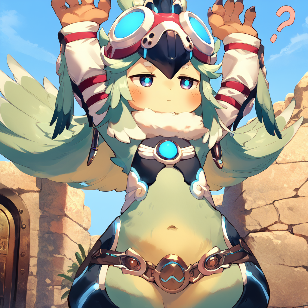 (score_9:0.9),score_8_up,score_7_up,anime style,rating_safe,(zPDXL),<lora:XB2 Finch ponyXL v2:0.7>,finch,1girl,solo,sky,standing,closed mouth,blush,looking to another,expressionless,arms up,?,blue sky,