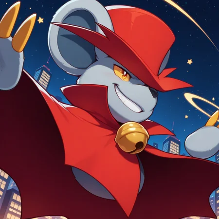 <lora:Daroach_Kirby_-_Illustrious:1> Daroach, 1boy, red cape, red hat, bell, arms out, grin, from below, night, metal towers, glyphs, stars, city lights, magic circles, portrait, 3 fingers, masterpiece, masterwork, energy
