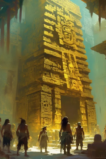 <lora:Craig Mullins Style:1>Craig Mullins Style - Pirates discover Aztec gold temple, illustration, soft colors, light, light colors. Artwork