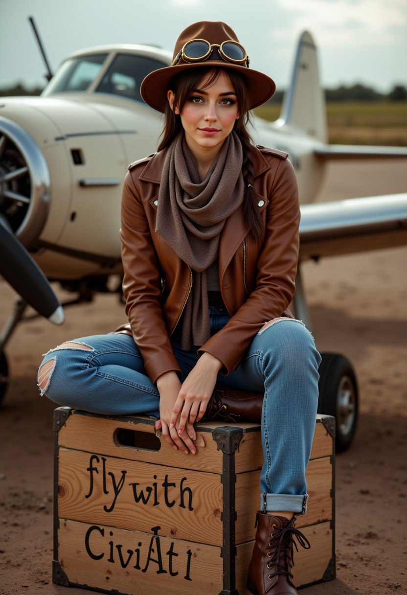 She is approximately 18 years old.she is standing, a vintage aircraft is in the background. Hyperrealism, she is looking at the camera, (dynamic angles), a beautiful, stunning unique female character. her eyes are filled with joy and excitement, extravagant eyelashes Felip@_Busty, a woman with dark hair. wearing a brown leather jacket and a brown hat with goggles and denim blue jeans and brown boots. is posing on a large wooden crate. She is posing for the camera, while sitting on a large crate. On the crate is written "fly with CivitAI". She is wearing a scarf and has a braid. The photo is in a sepia tone, giving it a vintage feel. The background is blurry, focusing on Felip@_Busty as the main subject. She has a slight smile on her face and is looking directly at the camera. making this image a masterpiece of photography and digital art. realistic. making this image a masterpiece of photography and digital art. Style: realistic hyper-detailed rendering, 32k UHD, expressive eyes, punk, graphic design, girl's face, pretty and cute, gleaming lips, telling a tale of adventure. Exuding confidence and serenity. The overall mood of the image is happy and relaxed,detailed skin texture,(blush:0.2),(goosebumps:0.3),subsurface scattering,whimsical,Detailed hand, Perfect hand. Perfection style. The scene is set outdoors, with a vintage plane visible in the background. The photo is taken in a close-up shot, focusing on Felip@_Busty legs and feet.aidmafluxpro1.1