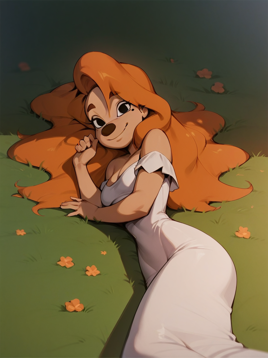 score_9, score_8_up, score_7_up, score_6_up, score_5_up,   <lora:roxanneXLP:1> roxanne, 1girl, solo, long hair, smile, orange hair, black eyes, curvy, white dress, lying, grass