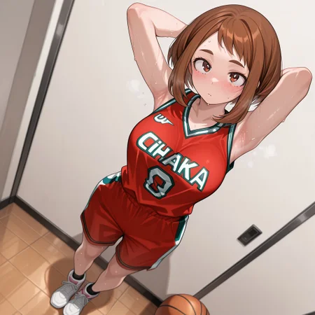 anime, masterpiece, best quality, detailed background, 8k, easynegative, Enchanting Eyes, uraraka ochako  from my hero academia, looking at viewer, basketball uniform, sweat, blushing, full body angle, standing, , beautiful eyes, armpit,