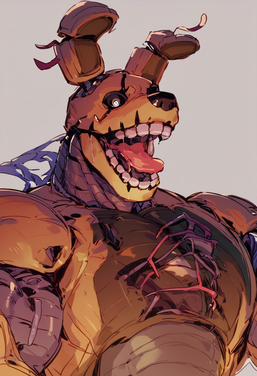 score_9, score_8_up, score_8, (springtrap), upper body, muscular, male focus, open mouth, solo, (animatronic), black sclera, white eyes, solo