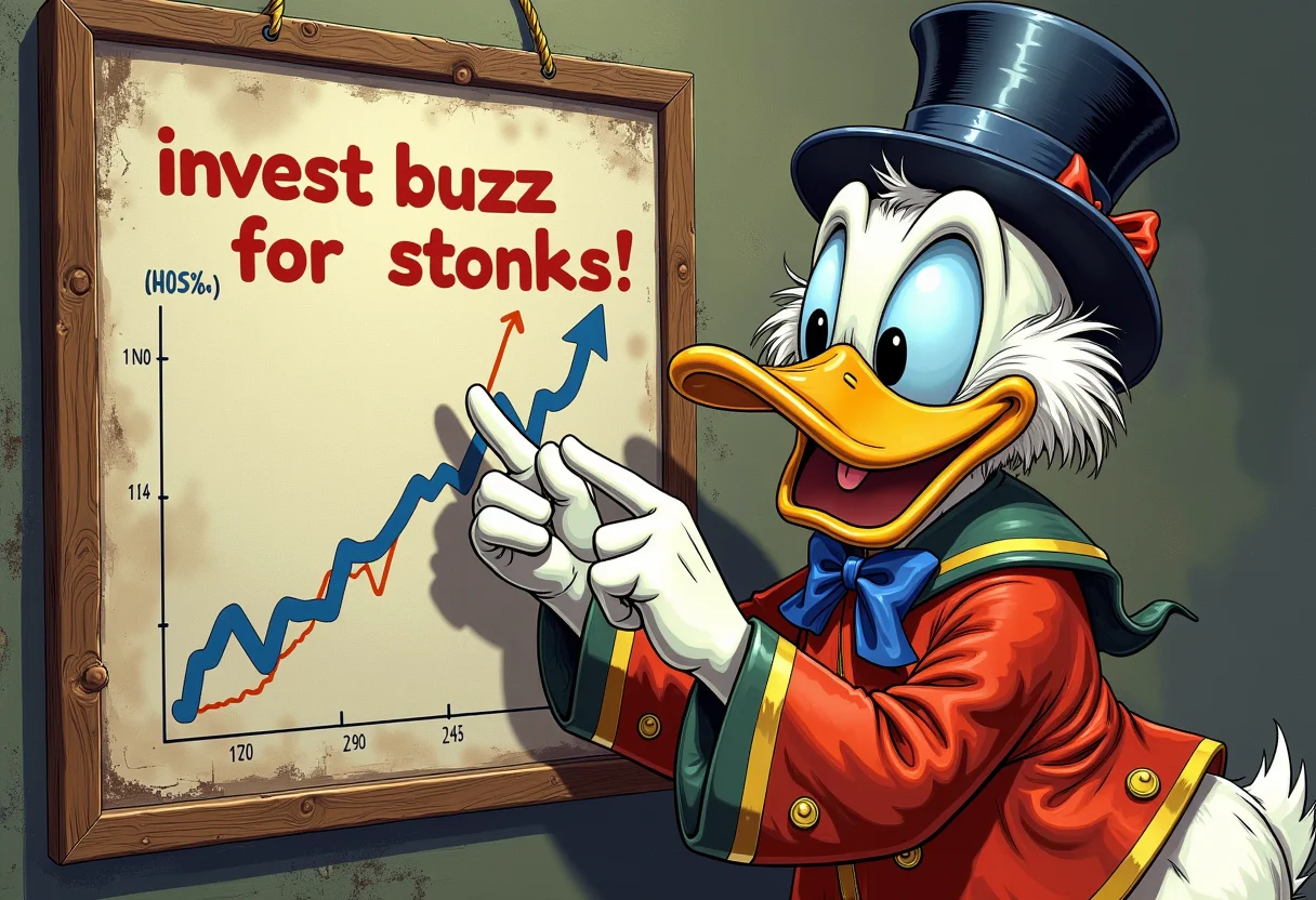 realistic, Scrooge McDuck pointing at graph showing going up, text that says "invest buzz for stonks!" <lora:03ad2c7f-95b7-4865-a182-5d836919cabe.TA_trained:0.5> <lora:aidmaPsychadelicChaosWorld-FLUX-v0.1:0.7>