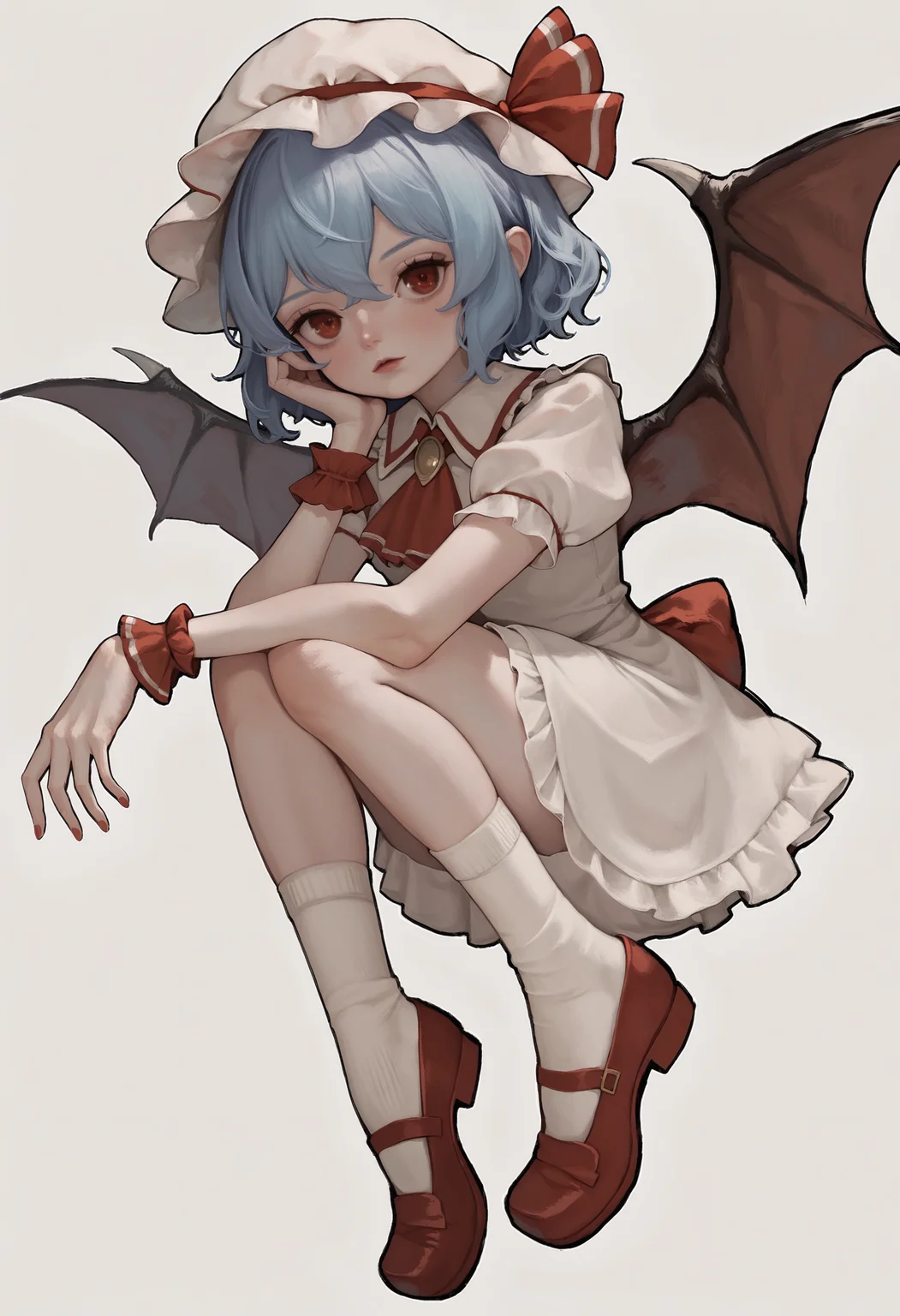 score_9, score_8_up, score_7_up,  score_6_up,  face close up,  mary janes, 1girl, remilia scarlet, hat, small breasts,  shoes,   wrist cuffs,  looking at viewer, red footwear, red eyes, blue hair, white socks, socks,  ascot, wings, short hair,  bobby socks, short sleeves, hat ribbon,  jewelry, puffy sleeves, mob cap, <lora:12yun30_PonyXL_dim16:1>
