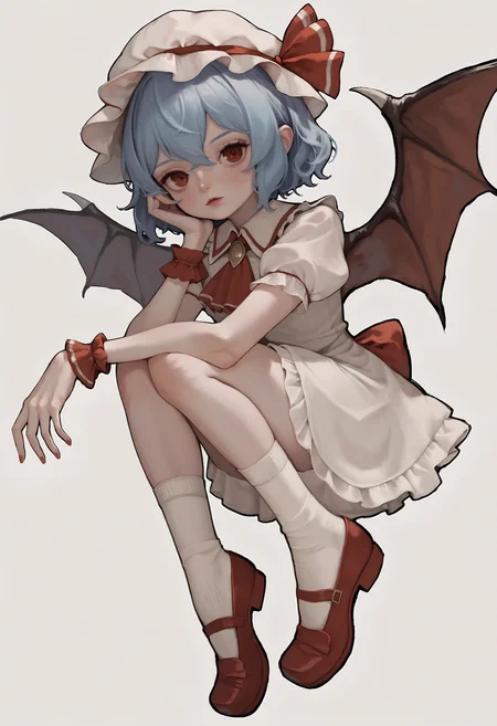 score_9, score_8_up, score_7_up, score_6_up, face close up, mary janes, 1girl, remilia scarlet, hat, small breasts, shoes, wrist cuffs, looking at viewer, red footwear, red eyes, blue hair, white socks, socks, ascot, wings, short hair, bobby socks, short sleeves, hat ribbon, jewelry, puffy sleeves, mob cap, <lora:12yun30_PonyXL_dim16:1>