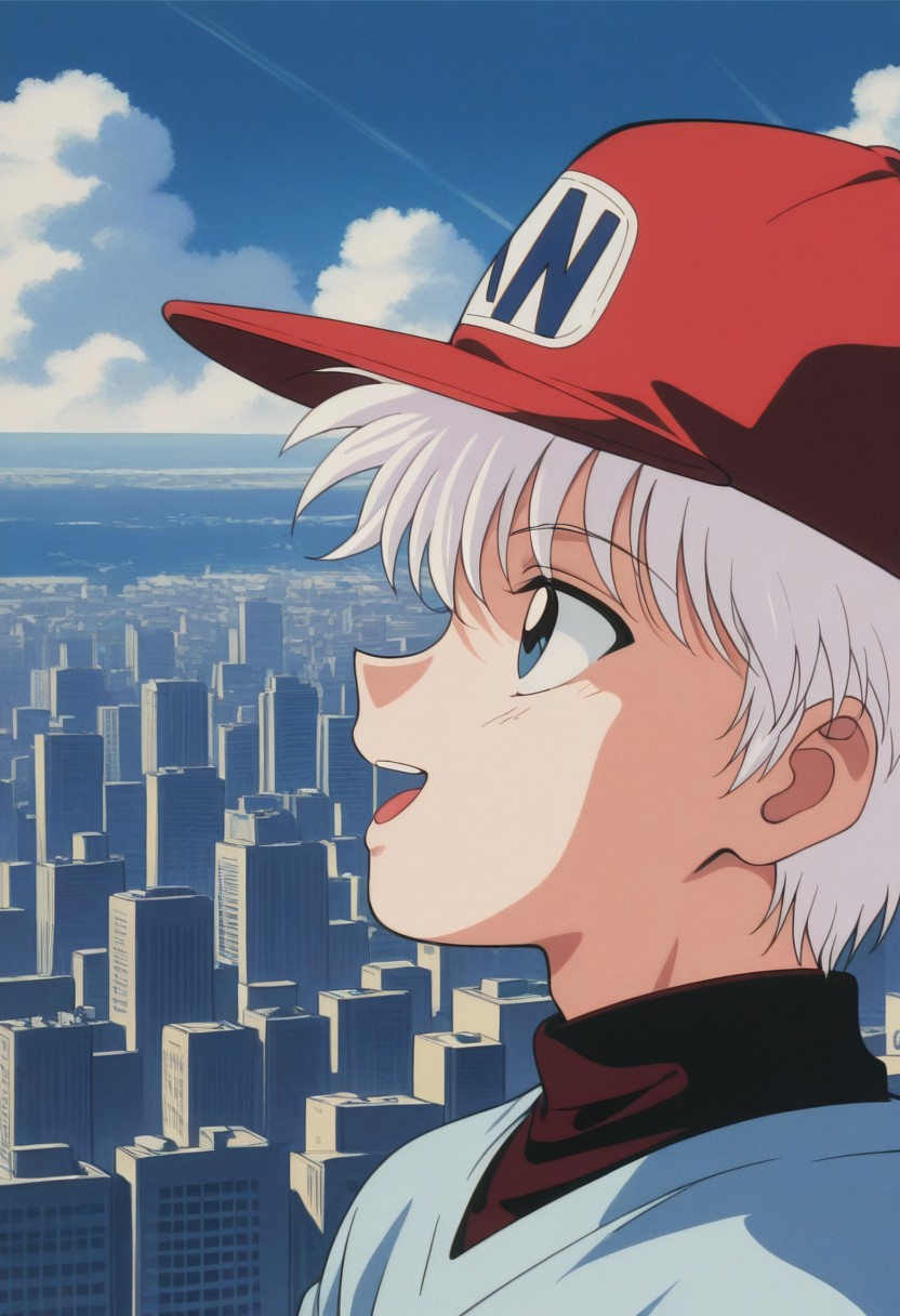 masterpiece,best quality,amazing quality, source_anime, retro_artstyle,
KiruaZorudikku, 1boy, solo, male focus, hat, sky, white hair, cloud, open mouth, red headwear, smile, city, day, cityscape, building, baseball cap, blue eyes, profile